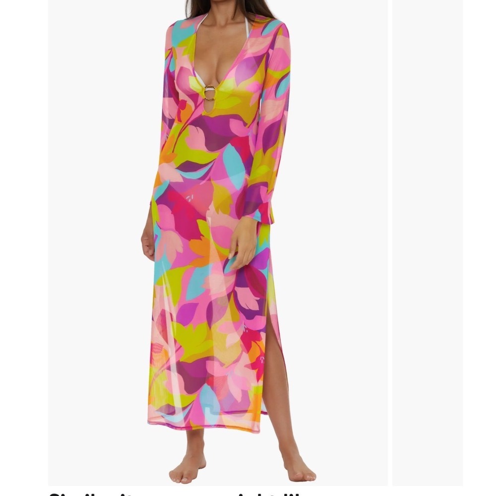 Trina Turk Multi Color Floral Mesh Maxi Dress Swim Cover Up Gold Ring Detail Lrg